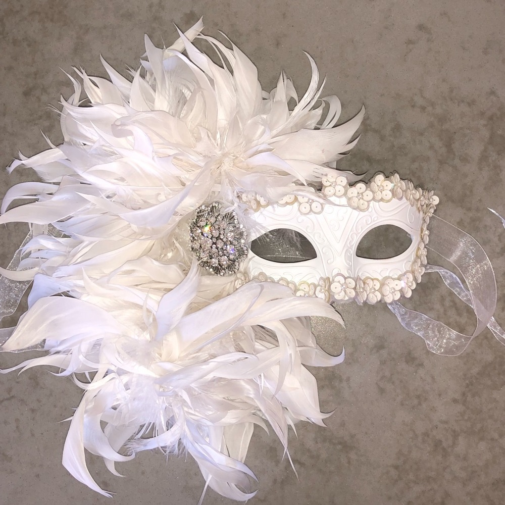 White Feather with Rhinestone Masquerade Mask